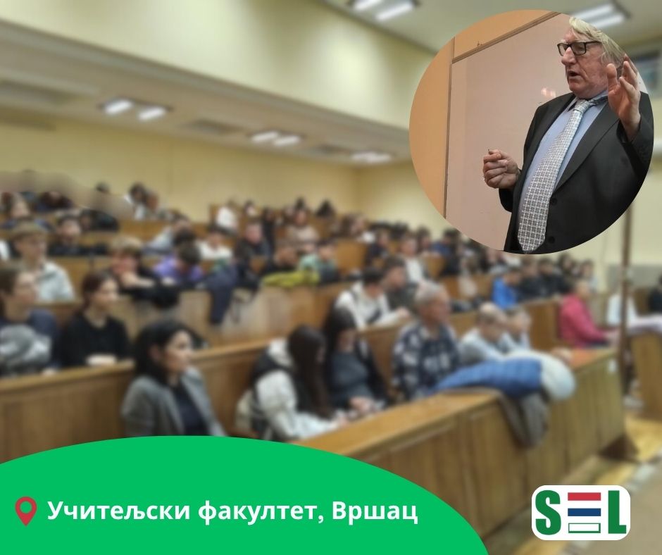 Predavanje o planskim jezicima i esperantu, Učiteljski fakultet, Vršac - publika i predavač, Jovan Zarković